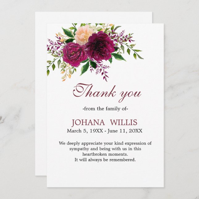 Convite Obrigado Carta Funeral Floral Purple Memorial (Frente/Verso)