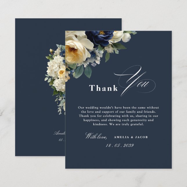 Convite Obrigado Casamento Azul Naval Floral & Peônias (Frente/Verso)