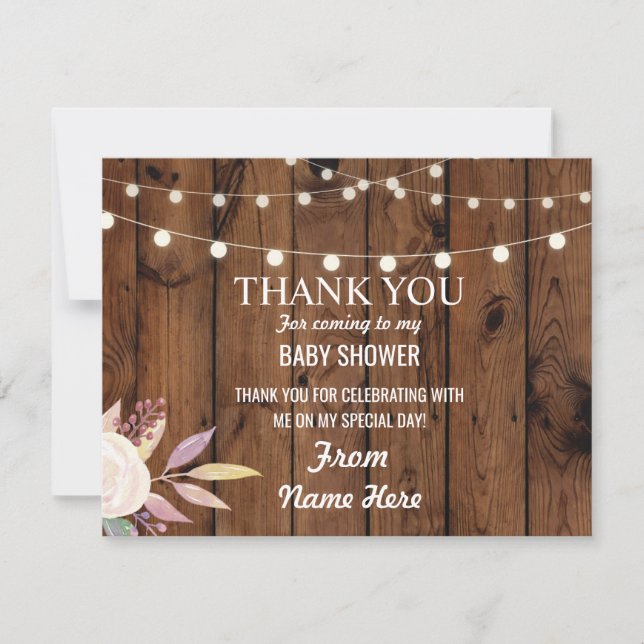 Convite Obrigado Chá de fraldas Garota Flor Madeira Rosa F (Frente)