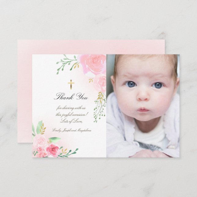 Convite Obrigado de batismo, rosas rosa (Frente/Verso)