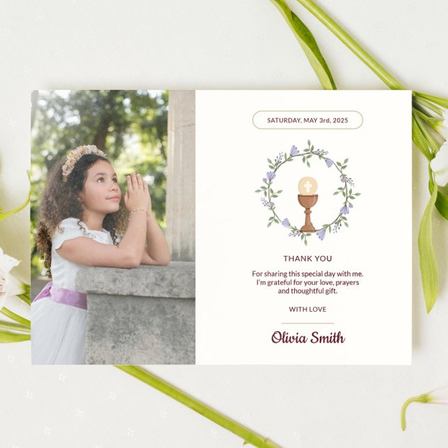 Convite Obrigado de comunhão floral roxo com foto (Printed First Communion reminder with custom name and date)