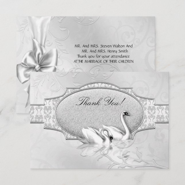 Convite Obrigado Elegante Casamento Cisnes Prata e Branco  (Frente/Verso)