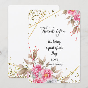 Convite obrigado Floral Rosa com Quadro Geométrico Dourad