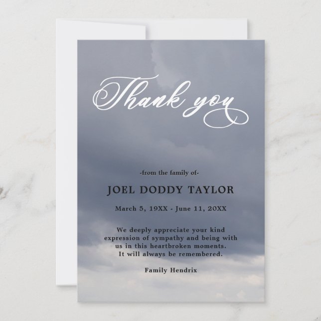 Convite Obrigado Funeral Cloudy Simpatiy Grief Card (Frente)