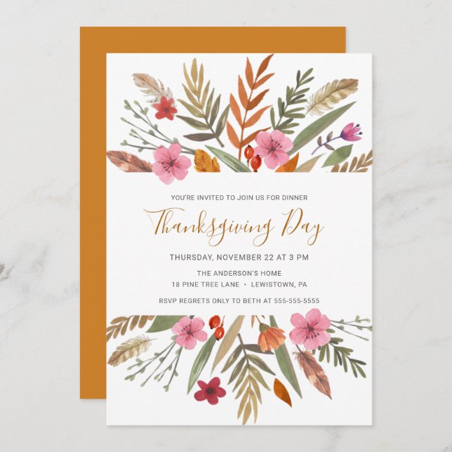 CONVITE OBRIGADO JANTO INVITE WATERCOLOR FOLIAGE (Frente/Verso)