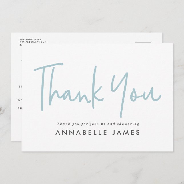 Convite obrigado na moda de tipografia dupla azul-moderna (Frente/Verso)