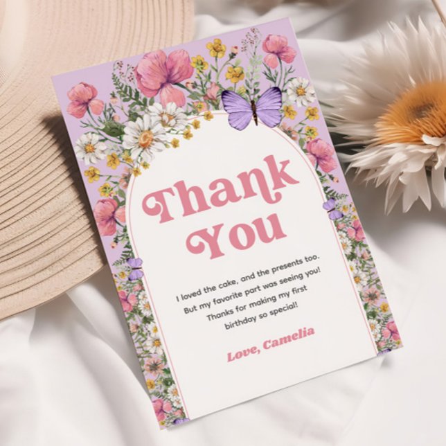 Convite Obrigado pelo aniversário da borboleta Wildflower (Wildflower Butterfly Birthday Thank You)