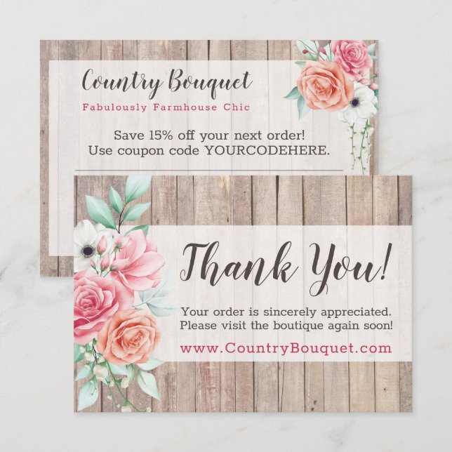 Convite Obrigado, Russo Wood Country Farmhouse Rosa Card (Frente/Verso)