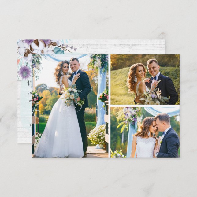 Convite Obrigado Southern Cotton 3-Photo Wedding Card (Frente/Verso)