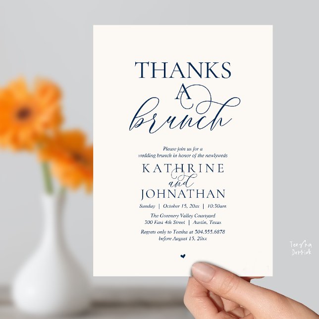 Convite Obrigado Um Brunch, Casamento Moderno e Elegante (Thanks A Brunch, Modern Classy Wedding Invitation Card in Navy Blue and Ivory)