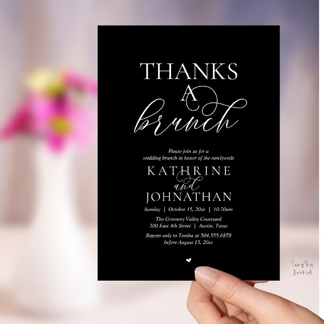 Convite Obrigado Um Brunch, Casamento Moderno e Elegante (Thanks A Brunch, Modern Classy Wedding Invitation Card in White and Black)