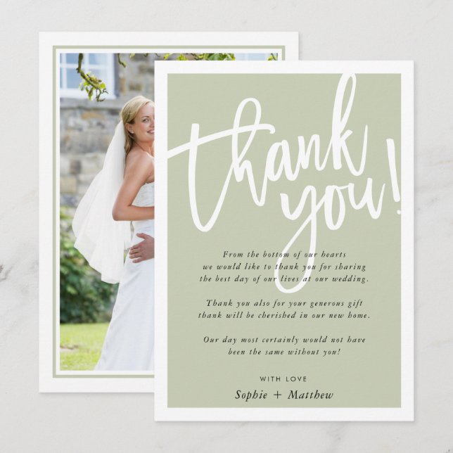 Convite OBRIGADO VOCÊ escovar o guião escrito, sábio verde (Frente/Verso)