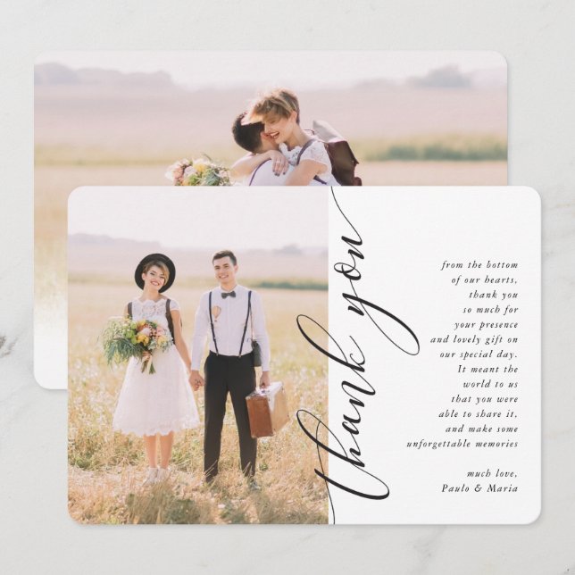 Convite OBRIGADO VOCÊ foto de casamento caligrafia moderna (Frente/Verso)