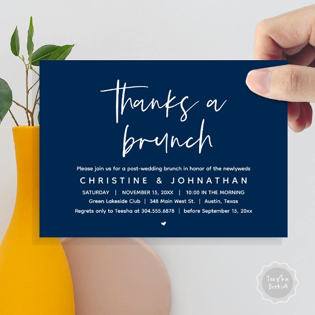 Convite Obrigados A Brunch, Celebração de Casamento Poste  (Thanks a brunch, The Morning After, post wedding celebration invitation card, PDF, Navy Blue)