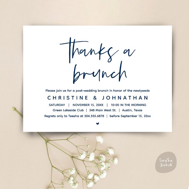 Convite Obrigados A Brunch, Celebração de Casamento Poste  (Thanks a brunch, The Morning After, post wedding celebration invitation card, PDF, Navy Blue)