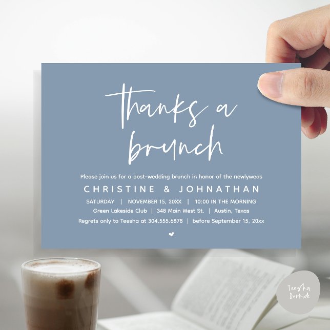 Convite Obrigados A Brunch, Celebração de Casamento Poste  (Thanks a brunch, The Morning After, post wedding celebration invitation card, PDF, Dusty Blue)