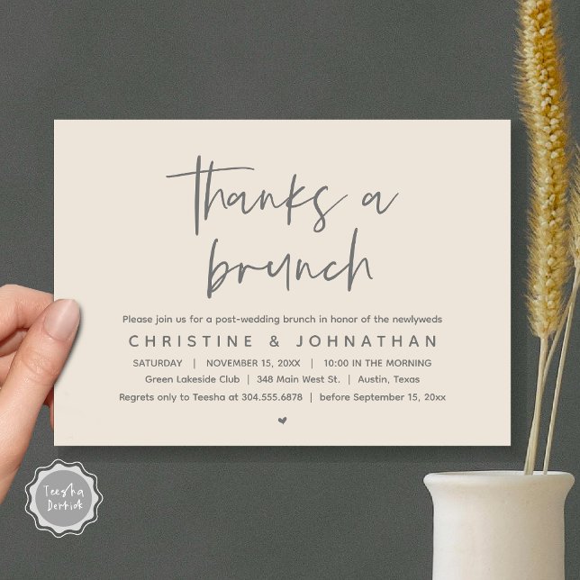 Convite Obrigados A Brunch, Celebração de Casamento Poste  (Thanks a brunch, The Morning After, post wedding celebration invitation card, PDF, Cream Grey)