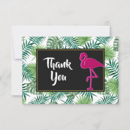 Convite Obrigados Flamingo cor-de-rosa e padrão de folhas 