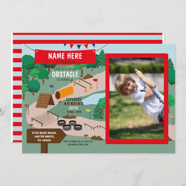 Convite Obstacle Course Birthday Boys Photo Adventure Park (Frente/Verso)