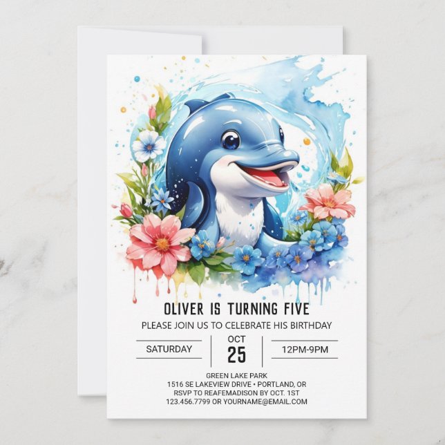 Convite Ocean Animal Fantasy Dolphin Birthday (Frente)