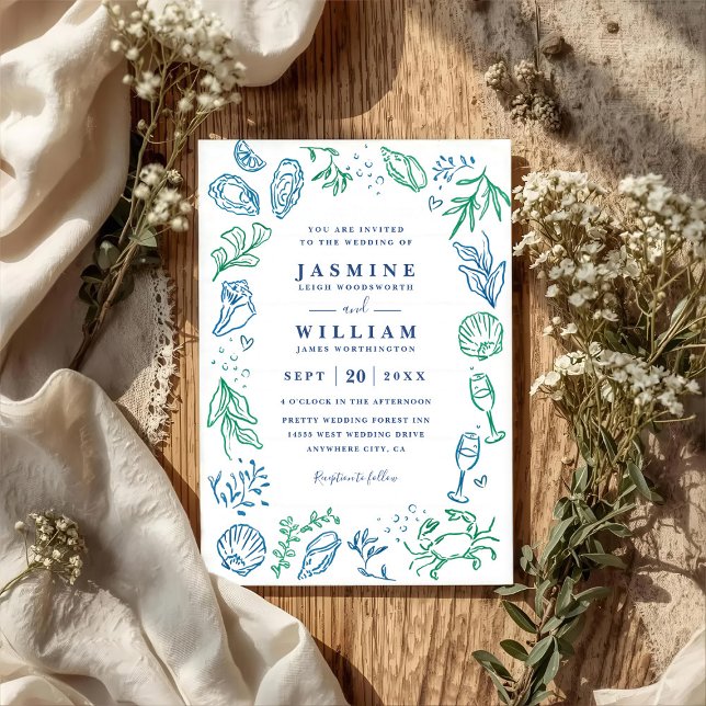 Convite Ocean Beach Nautical Shell Elegant QR Code Wedding (Criador carregado)