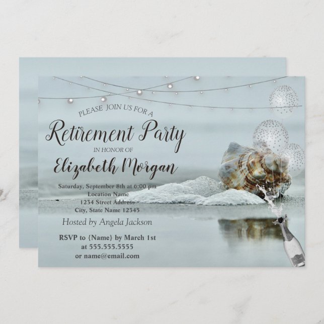 Convite Ocean Beach Seashell,Balões,Aposentação de Vinho (Frente/Verso)