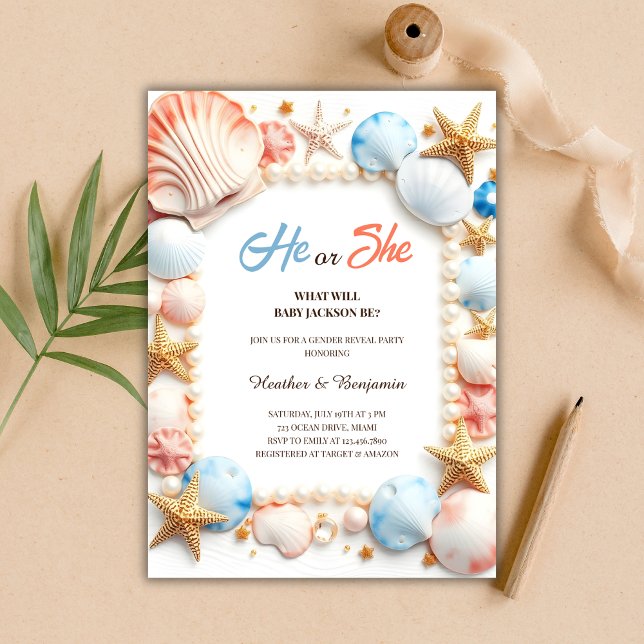Convite Ocean Beach Seashells Summer Gender Revement Party (Ocean Beach Seashells Summer Gender Reveal Party Invitation)