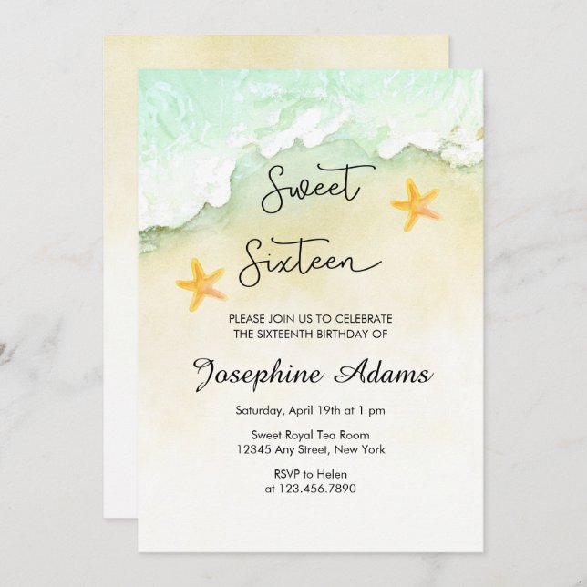 Convite Ocean Beach Tropical Watercolor Sweet 16 (Frente/Verso)