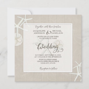 Convite Ocean Beach Wedding Starfish Damask Wooden Rustic