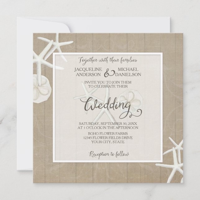 Convite Ocean Beach Wedding Starfish Wood Damask Rustic (Frente)