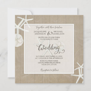 Convite Ocean Beach Wedding Starfish Wood Damask Rustic