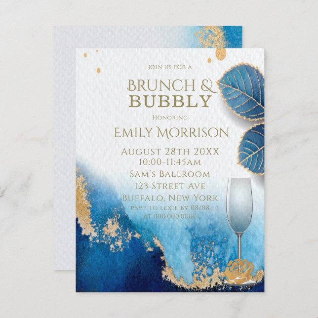 Convite Ocean Blue e Dourado Agate Brunch e Bubble (Frente/Verso)