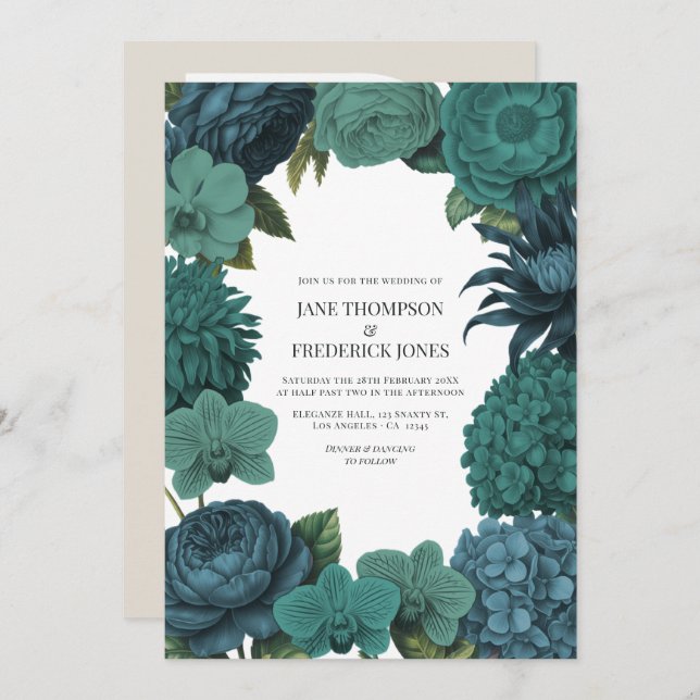 Convite Ocean Emerald, Deep Lagoon & Tidepool Teal Wedding (Frente/Verso)