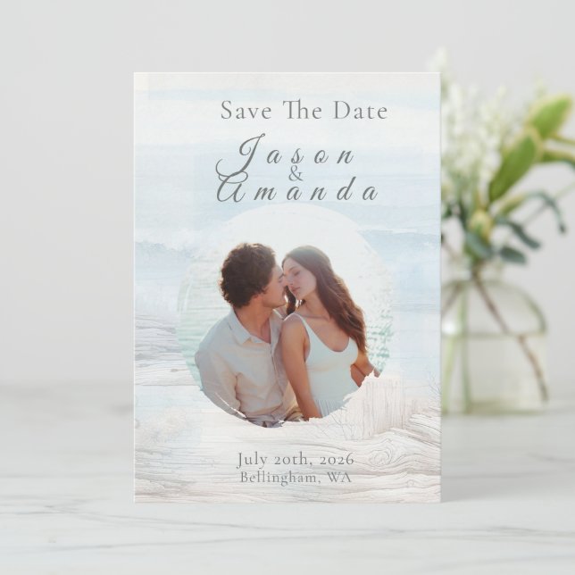Convite Ocean-Inspired Soft Blue Watercolor Save The Date (Em pé/Frente)