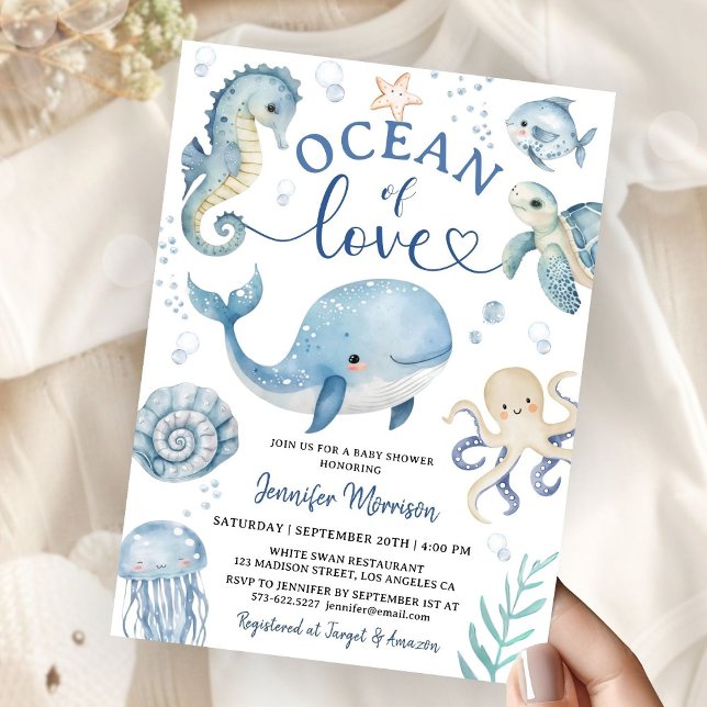 Convite Ocean Sea Whale Baby Shower Invitation Boy (Criador carregado)