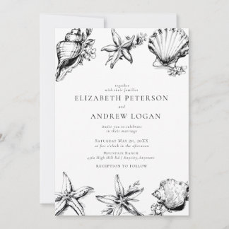 Convite Ocean Seashell Modern Minimal Black White Wedding 