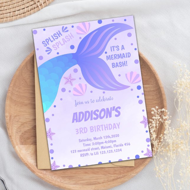 Convite Ocean Shell e under Sea Party (Purple Blue Tail Shell Mermaid Invitations)