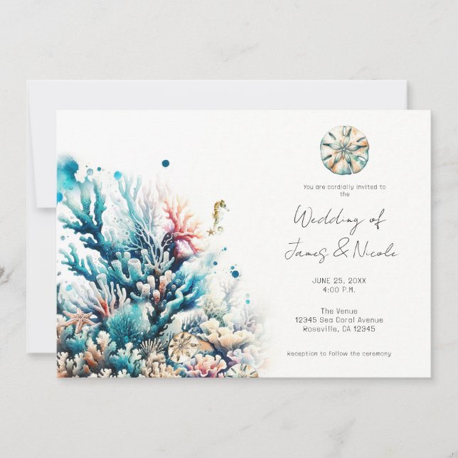 Convite Ocean Splash Mar Coral Aquarela Casamento (Frente)
