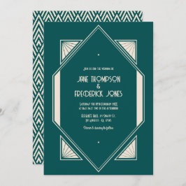 Convite Ocean Teal & Pale Sand Art Deco Wedding Photo
