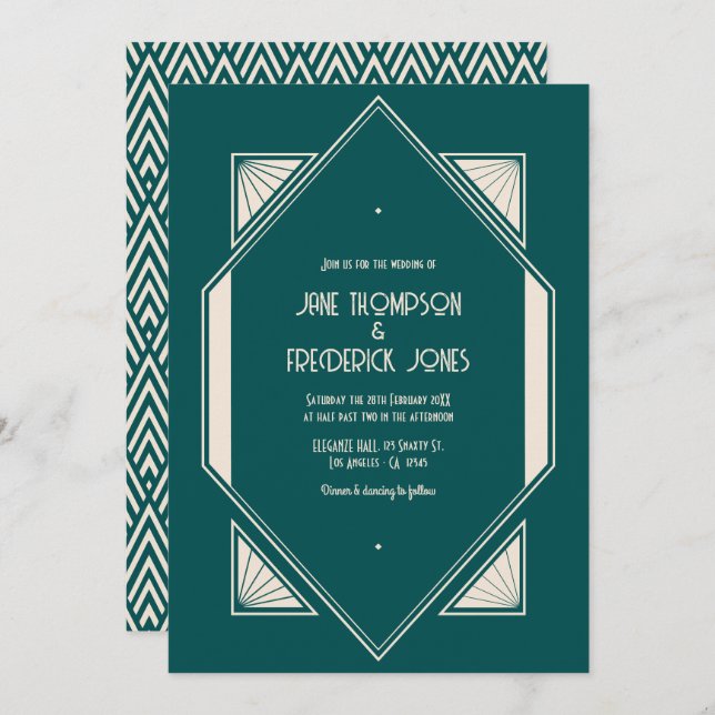 Convite Ocean Teal & Pale Sand Art Deco Wedding Photo (Frente/Verso)