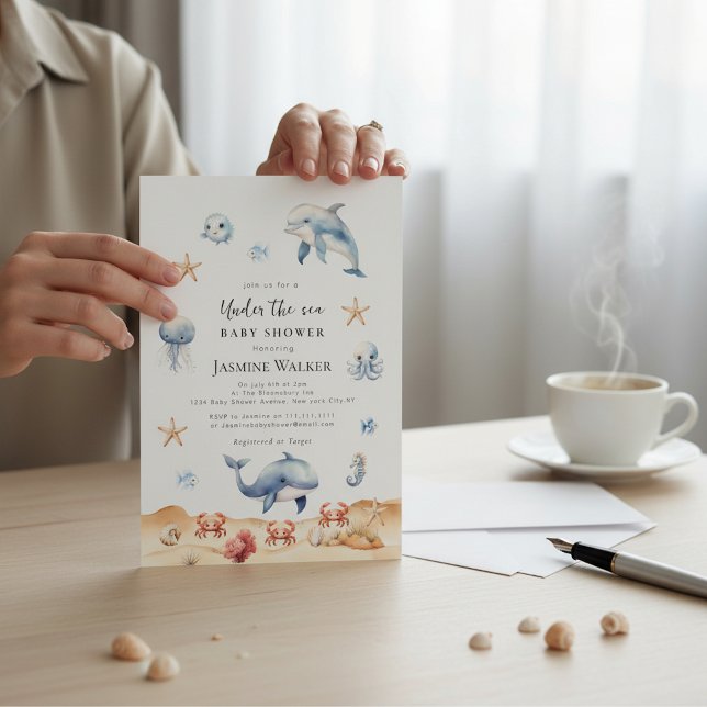 Convite Ocean Theme Watercolor Dolphin Baby Shower (Criador carregado)