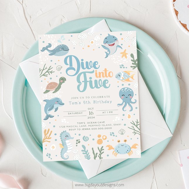 Convite Ocean Themed 6th Birthday Invitation. Kids Ocean (Under the Sea - Boy 5th Birthday Invitation)