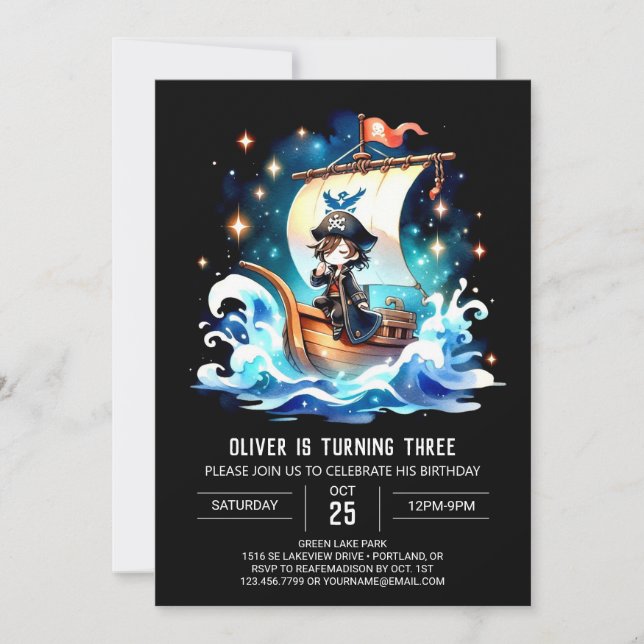 Convite Ocean Watercolor Pirate Birthday (Frente)