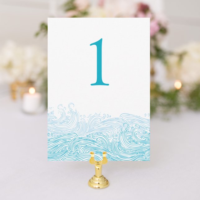 Convite Ocean Waves Beach Weding Aqua Blue Table Number (Beach Wedding Table Number with Aqua Blue Waves from Nautical Stationery designer Concertina Press)