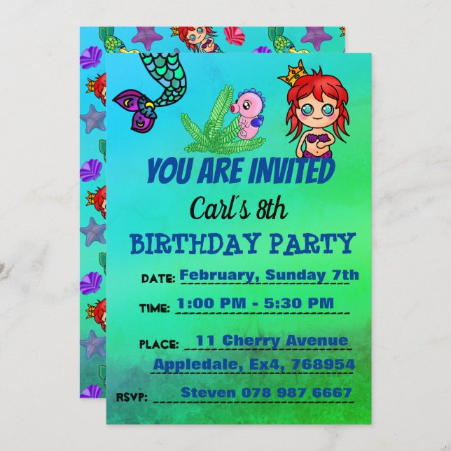 Convite Oceano de Festa de aniversário de Sereia (Frente/Verso)