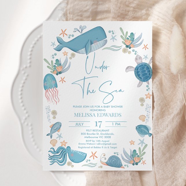 Convite Oceano de Meninos Azuis Modernos sob o Chá de fral (Under The Sea Baby Shower Invitation Template Blue, Editable Ocean Themed Baby Shower Invitation)