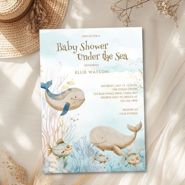Convite Oceano Suave Neutro Sob O Chá de fraldas Marinho (Under the Sea Baby Shower from the Whale Baby Shower Collection by Darling & May)