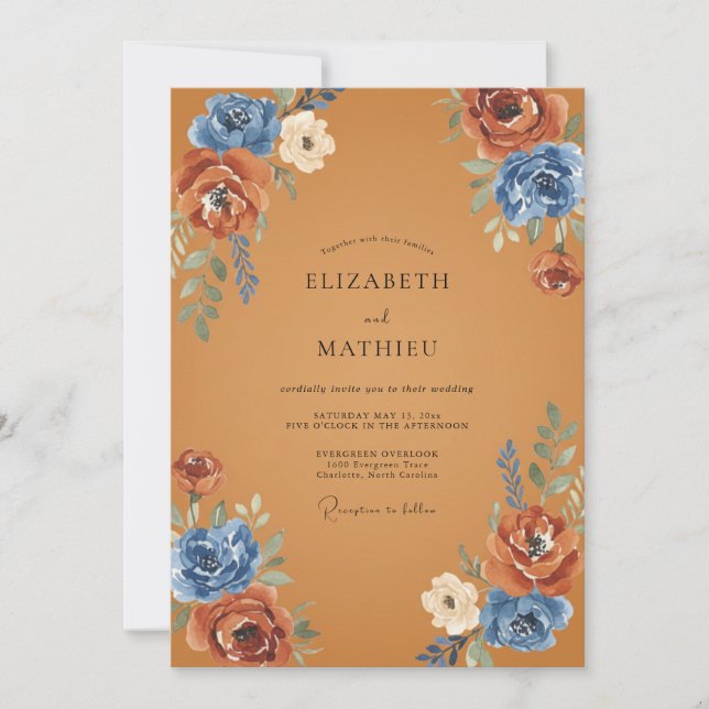 Convite Ochre Cornflower Ranunculus Eucalipto Suave Weddin (Frente)