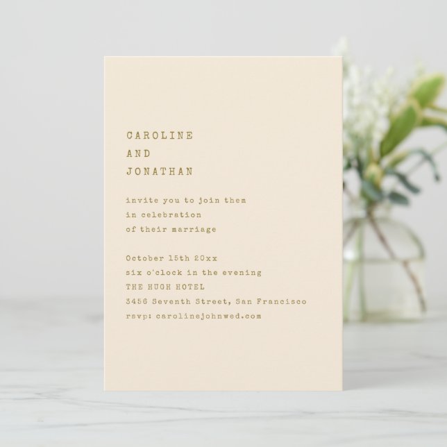 Convite Ochre Cream Typewriter QR Code Wedding Modern (Em pé/Frente)