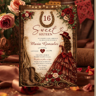 Convite Ocidental Burgundy Floral Princesa Sweet Sixteen